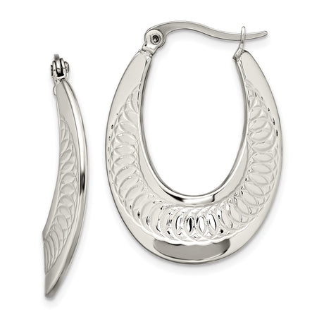 316 Stainless Steel Oval Hoop Earrings with Etched Circular Pattern and Latch Back Closure