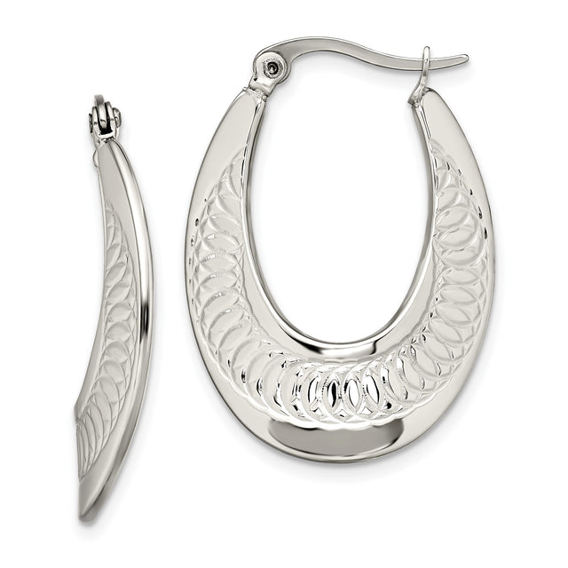316 Stainless Steel Oval Hoop Earrings with Etched Circular Pattern and Latch Back Closure