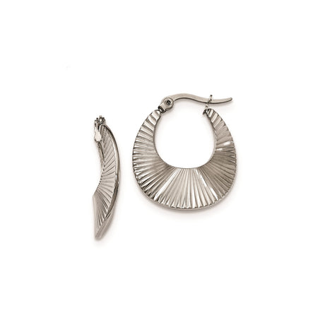 Stainless Steel Hoop Earrings with Fan-Shaped Ridged Design, Polished Sculptural Style