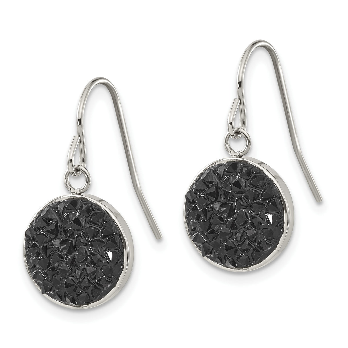 Stainless Steel Drop Earrings with Black Crushed Crystal Inlay, Geometric Modern Design