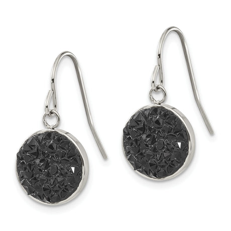 Stainless Steel Drop Earrings with Black Crushed Crystal Inlay, Geometric Modern Design