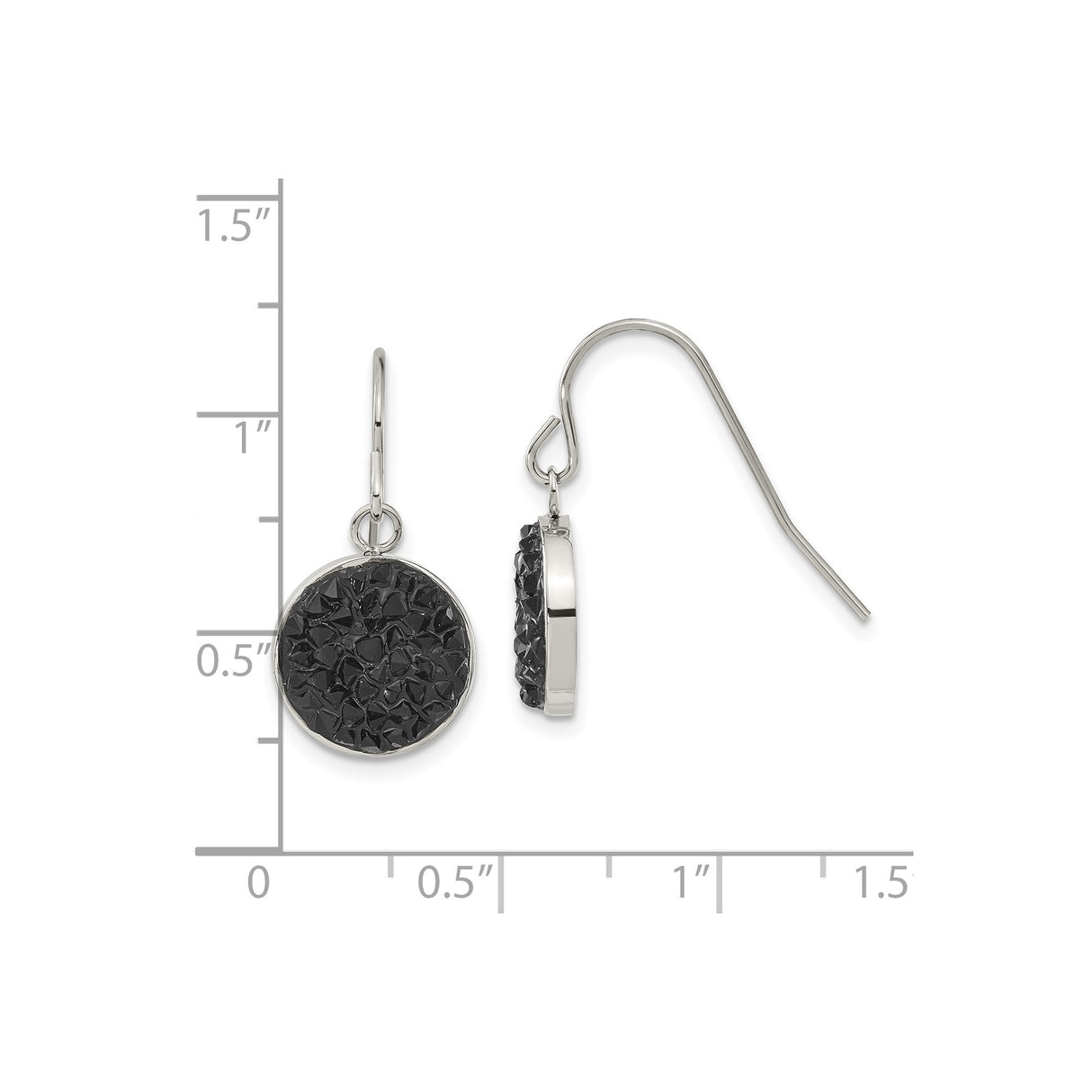 Stainless Steel Drop Earrings with Black Crushed Crystal Inlay, Geometric Modern Design