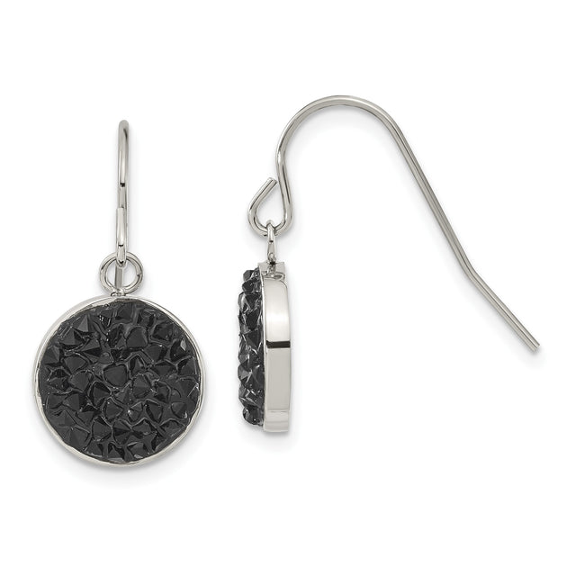 Stainless Steel Drop Earrings with Black Crushed Crystal Inlay, Geometric Modern Design