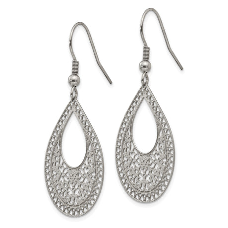 Stainless Steel Dangle Earrings with Floral Filigree Cutout Design, Teardrop Drop Style
