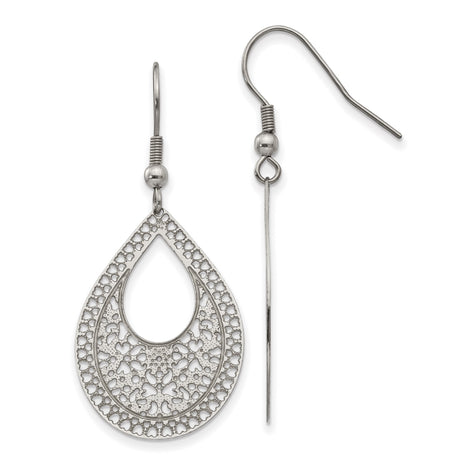 Stainless Steel Dangle Earrings with Floral Filigree Cutout Design, Teardrop Drop Style