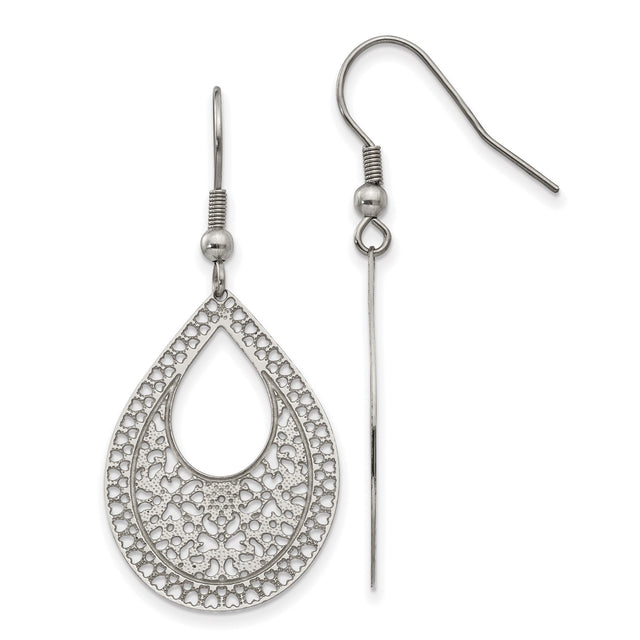Stainless Steel Dangle Earrings with Floral Filigree Cutout Design, Teardrop Drop Style