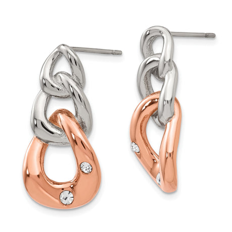 316 Stainless Steel Dangle Earrings with Crystal Accents, Interlocked Rose Gold and Silver Tone Links
