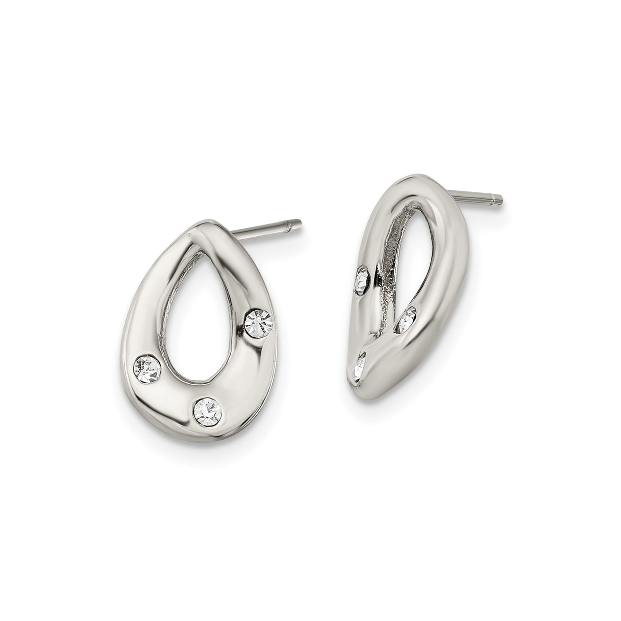 Stainless Steel Teardrop Post Earrings with Clear Crystal Accents, Modern Minimalist Design