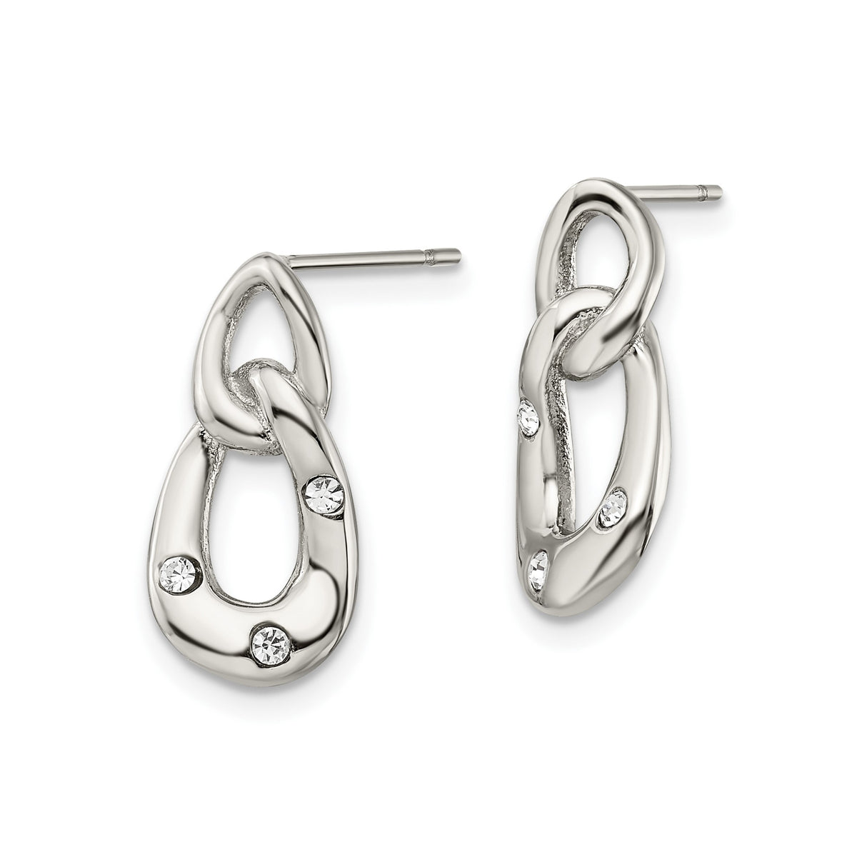 Stainless Steel Drop Earrings with Clear Crystals, Twisted Interlocking Oval Loops, Modern Style