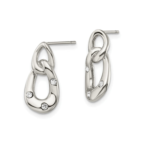Stainless Steel Drop Earrings with Clear Crystals, Twisted Interlocking Oval Loops, Modern Style