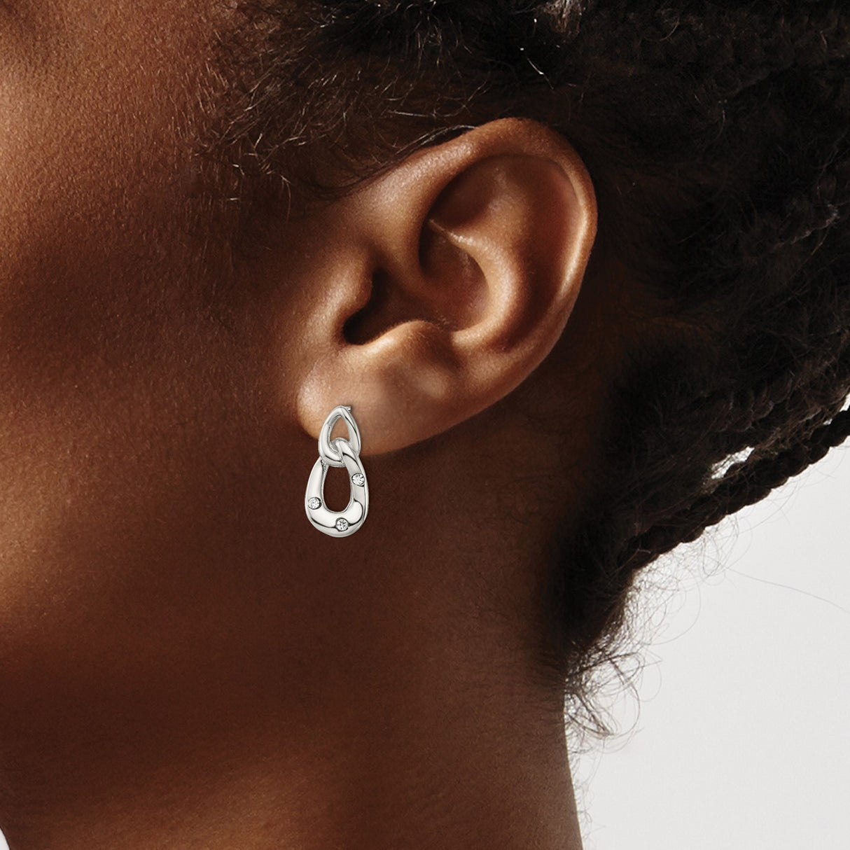 Stainless Steel Drop Earrings with Clear Crystals, Twisted Interlocking Oval Loops, Modern Style
