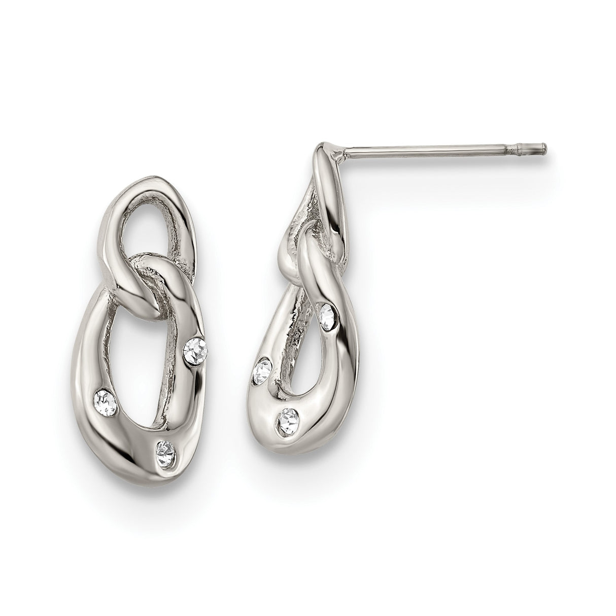 Stainless Steel Drop Earrings with Clear Crystals, Twisted Interlocking Oval Loops, Modern Style