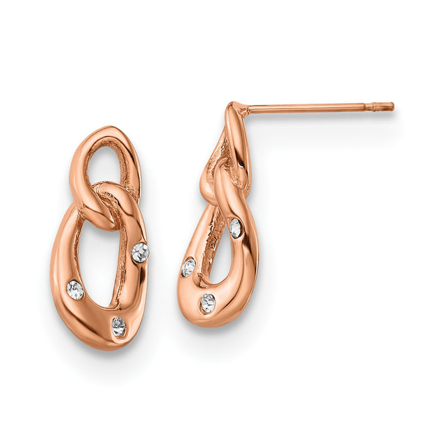 Stainless Steel Drop Earrings with Clear Crystal, Twist Interlocking Loop Design, Polished Finish