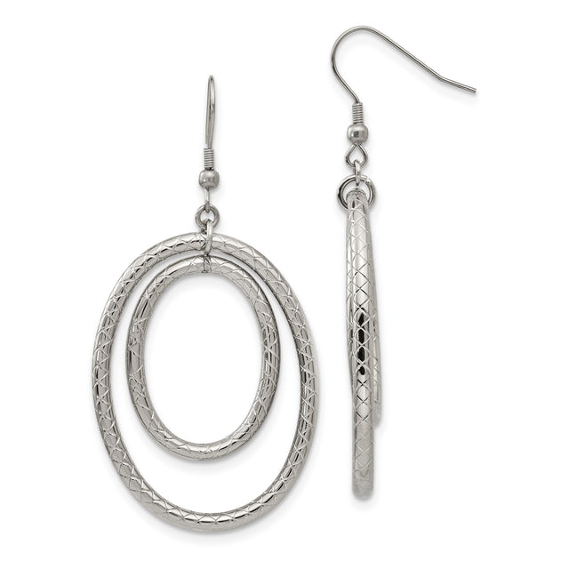 Stainless Steel Drop Earrings with Interlocking Oval Hoops and Diamond Cut Design