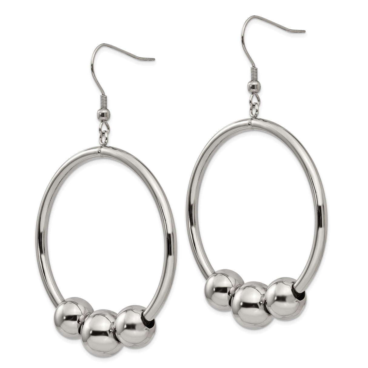Stainless Steel Hoop Earrings with Open Circle Design and Triple Beads, Minimalist Style