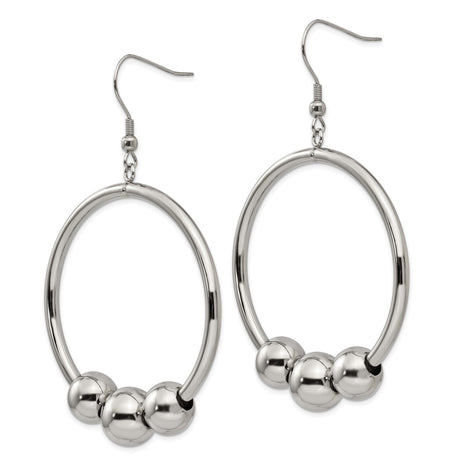 Stainless Steel Hoop Earrings with Open Circle Design and Triple Beads, Minimalist Style