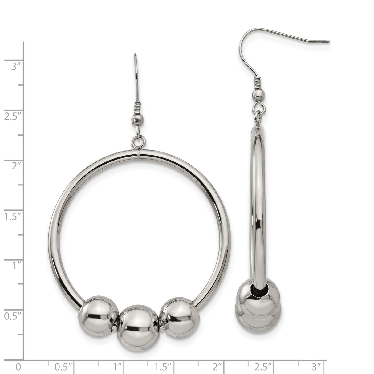 Stainless Steel Hoop Earrings with Open Circle Design and Triple Beads, Minimalist Style