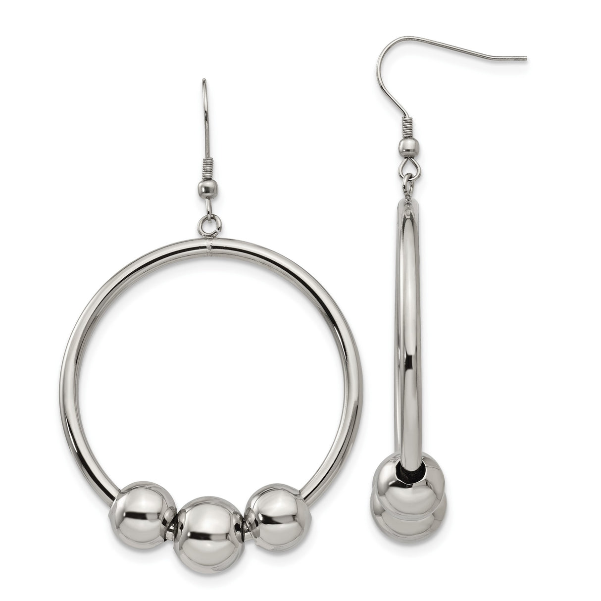Stainless Steel Hoop Earrings with Open Circle Design and Triple Beads, Minimalist Style
