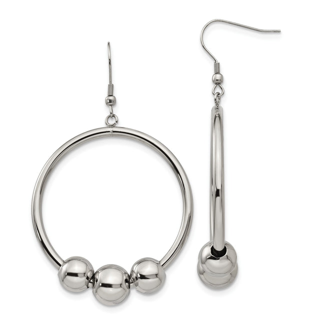 Stainless Steel Hoop Earrings with Open Circle Design and Triple Beads, Minimalist Style