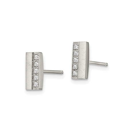 Stainless Steel Bar Stud Earrings with Cubic Zirconia, Brushed Modern Unisex Design
