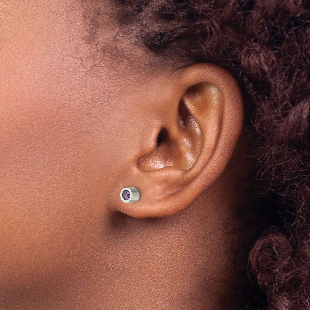 Stainless Steel Stud Earrings with Purple Cubic Zirconia, Faux Plug Style, Unisex Urban Design