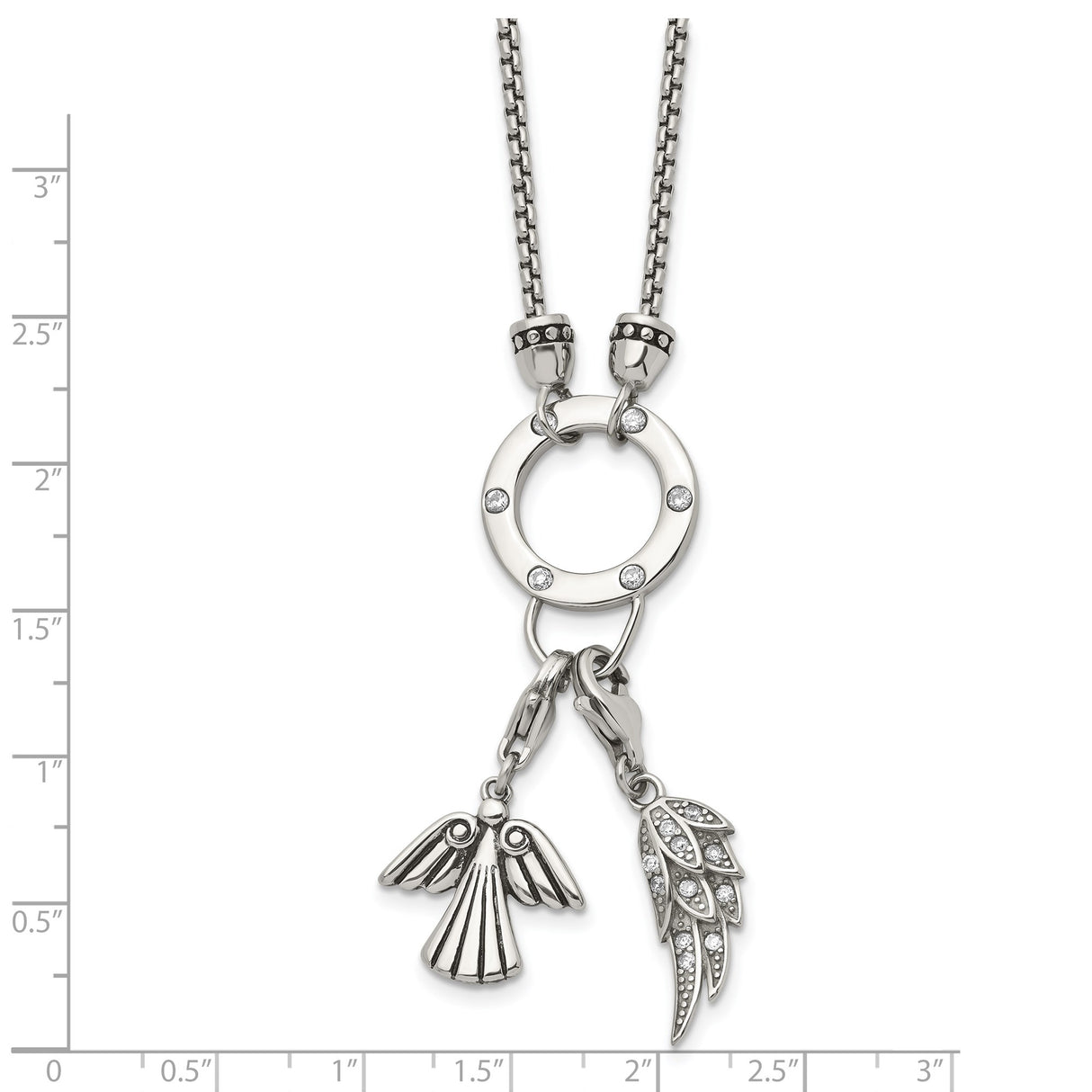 Polished CZ Feather Angel 2 Inch Ext. Necklace Charm Pendant in Real 316 Stainless Steel
