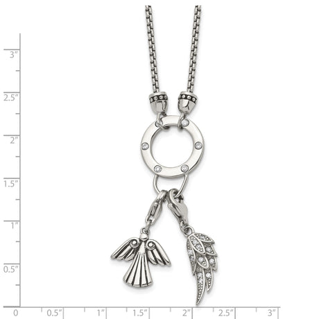 Polished CZ Feather Angel 2 Inch Ext. Necklace Charm Pendant in Real 316 Stainless Steel
