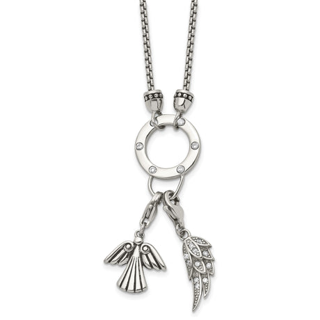Polished CZ Feather Angel 2 Inch Ext. Necklace Charm Pendant in Real 316 Stainless Steel
