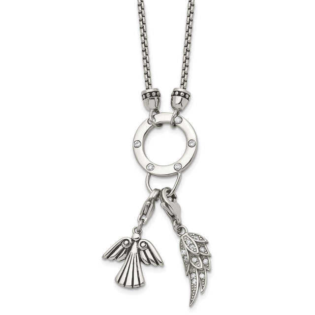 Polished CZ Feather Angel 2 Inch Ext. Necklace Charm Pendant in Real 316 Stainless Steel