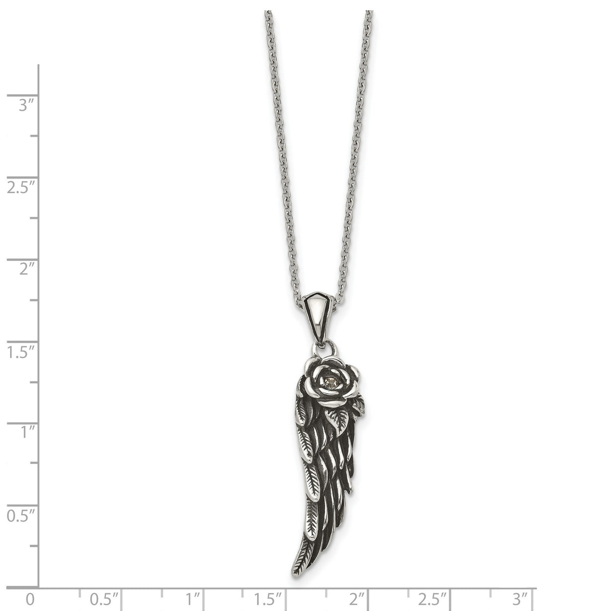 Antiqued and Polished Crystal Wing Necklace Charm Pendant in Real 316 Stainless Steel