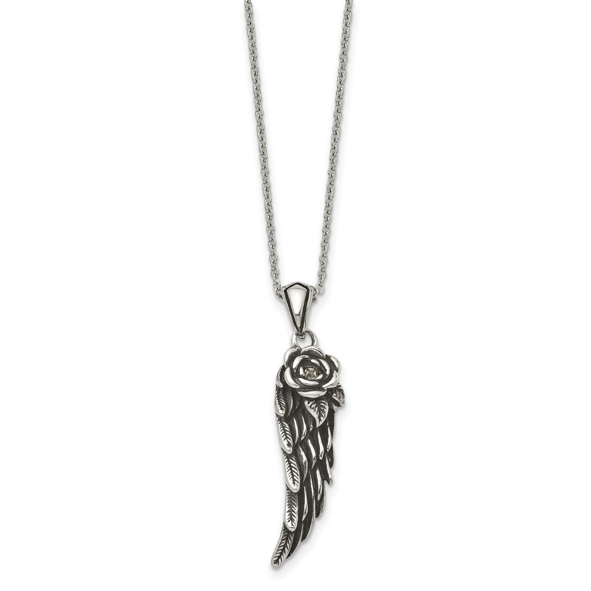 Antiqued and Polished Crystal Wing Necklace Charm Pendant in Real 316 Stainless Steel
