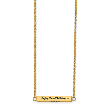 Polished Yellow IP-plated Enameled with CZ ENJOY THE LITTLE THINGS Bar on a 16 inch Cable Chain with a 2 inch Extension Necklace Charm Pendant in Real 316 Stainless Steel
