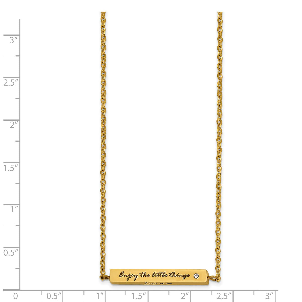 Polished Yellow IP-plated Enameled with CZ ENJOY THE LITTLE THINGS Bar on a 16 inch Cable Chain with a 2 inch Extension Necklace Charm Pendant in Real 316 Stainless Steel