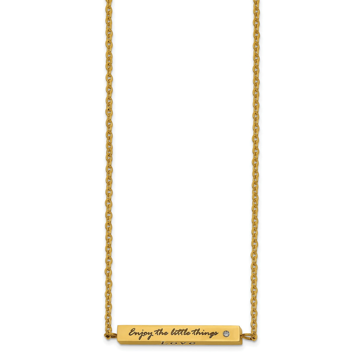 Polished Yellow IP-plated Enameled with CZ ENJOY THE LITTLE THINGS Bar on a 16 inch Cable Chain with a 2 inch Extension Necklace Charm Pendant in Real 316 Stainless Steel