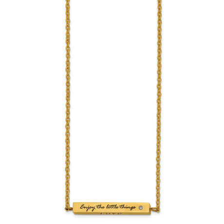 Polished Yellow IP-plated Enameled with CZ ENJOY THE LITTLE THINGS Bar on a 16 inch Cable Chain with a 2 inch Extension Necklace Charm Pendant in Real 316 Stainless Steel