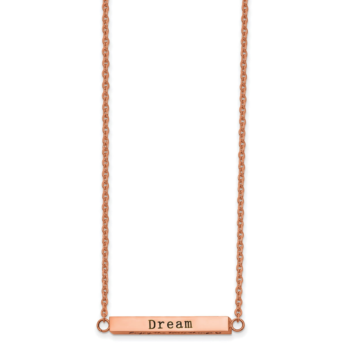 Polished Rose IP-plated Enameled CZ ENJOY THE LITTLE THINGS Bar on a 16 inch Cable Chain with a 2 inch Extension Necklace Charm Pendant in Real 316 Stainless Steel