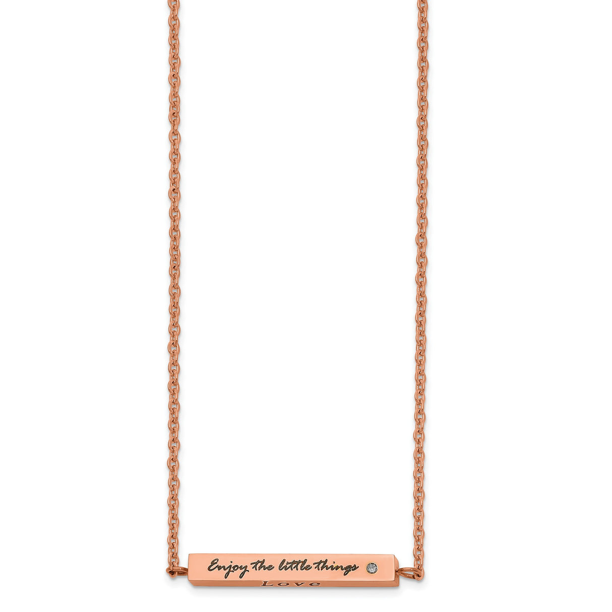 Polished Rose IP-plated Enameled CZ ENJOY THE LITTLE THINGS Bar on a 16 inch Cable Chain with a 2 inch Extension Necklace Charm Pendant in Real 316 Stainless Steel