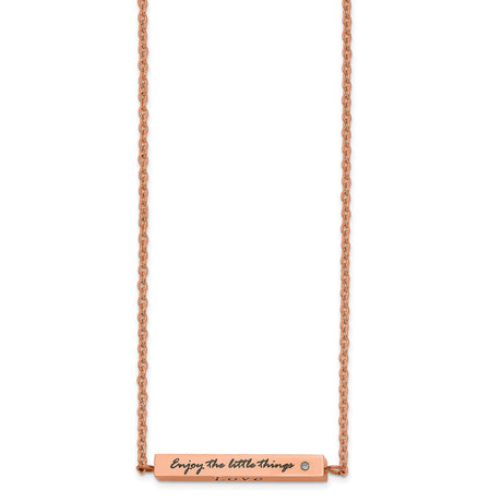 Polished Rose IP-plated Enameled CZ ENJOY THE LITTLE THINGS Bar on a 16 inch Cable Chain with a 2 inch Extension Necklace Charm Pendant in Real 316 Stainless Steel
