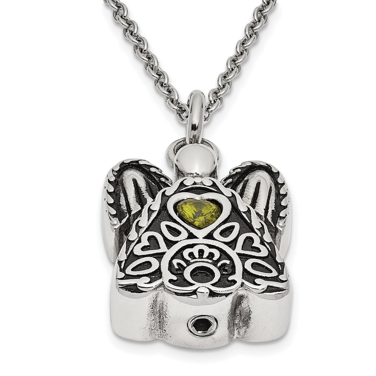 Green CZ August Birthstone Angel Ash Holder 18 inch Necklace Charm Pendant in Real 316 Stainless Steel