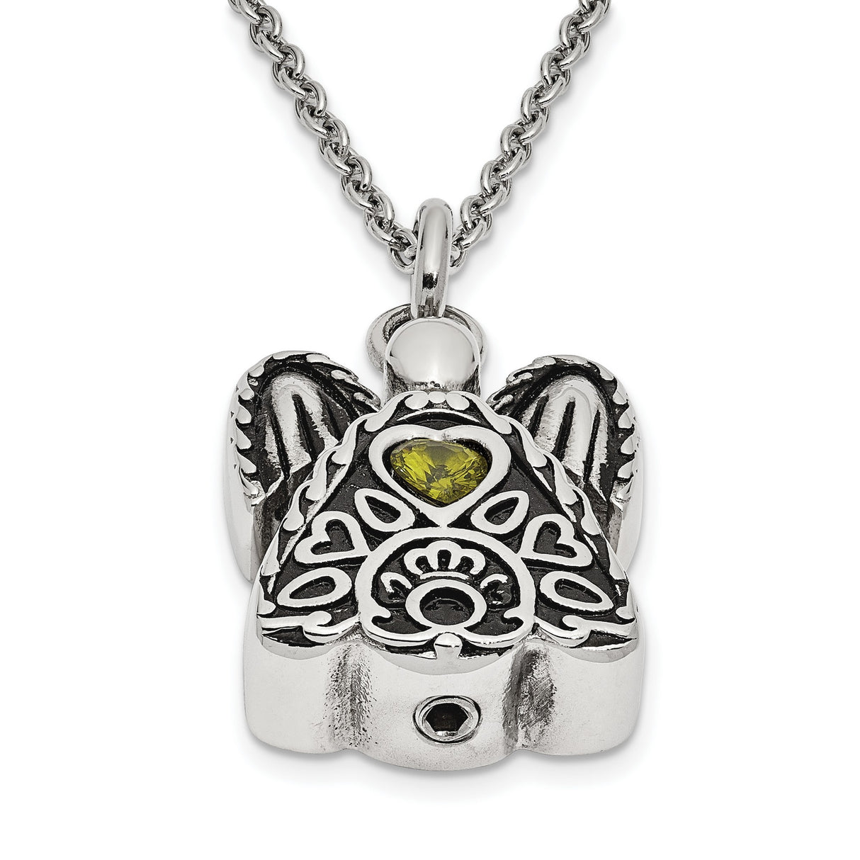 Green CZ August Birthstone Angel Ash Holder 18 inch Necklace Charm Pendant in Real 316 Stainless Steel