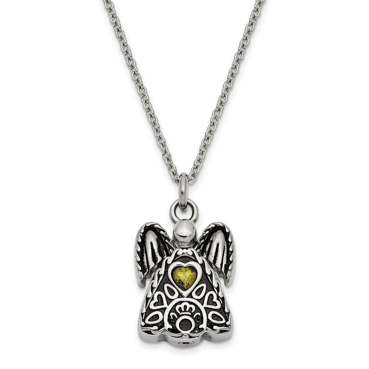 Green CZ August Birthstone Angel Ash Holder 18 inch Necklace Charm Pendant in Real 316 Stainless Steel
