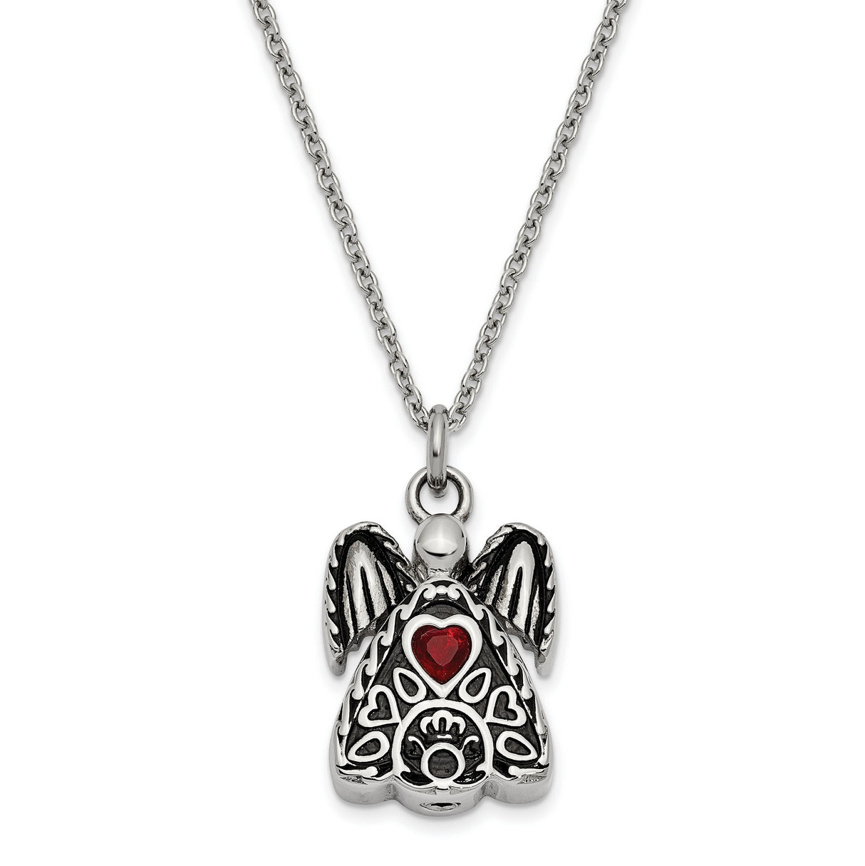 Red CZ January Birthstone Angel Ash Holder 18 inch Necklace Charm Pendant in Real 316 Stainless Steel
