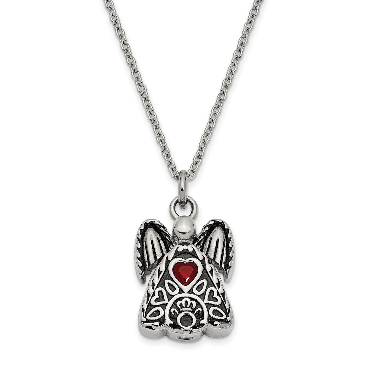 Red CZ July Birthstone Angel Ash Holder 18 inch Necklace Charm Pendant in Real 316 Stainless Steel
