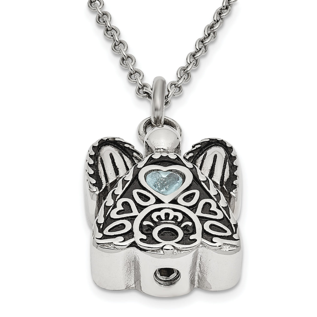 Light Blue CZ March Birthstone Angel Ash Holder 18 inch Necklace Charm Pendant in Real 316 Stainless Steel