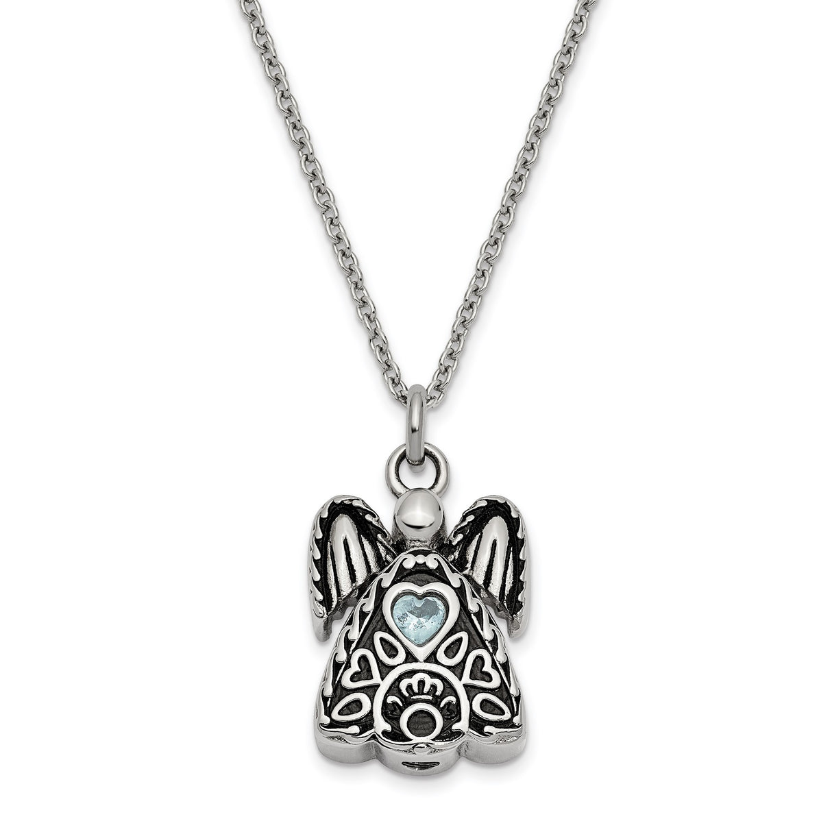 Light Blue CZ March Birthstone Angel Ash Holder 18 inch Necklace Charm Pendant in Real 316 Stainless Steel