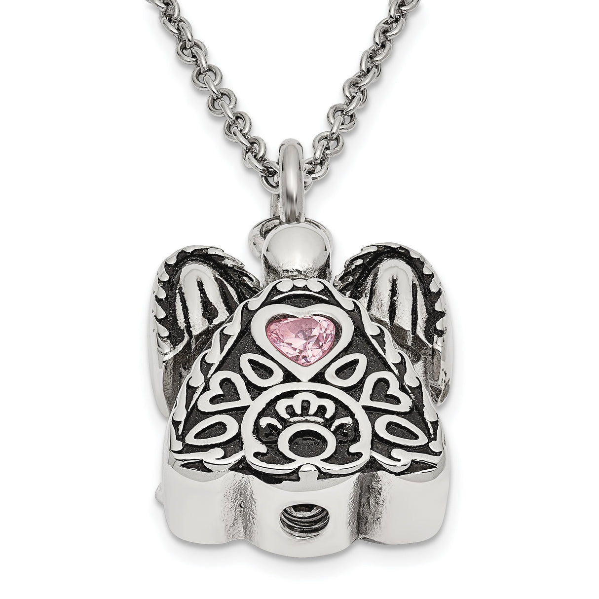 Pink CZ October Birthstone Angel Ash Holder 18 inch Necklace Charm Pendant in Real 316 Stainless Steel