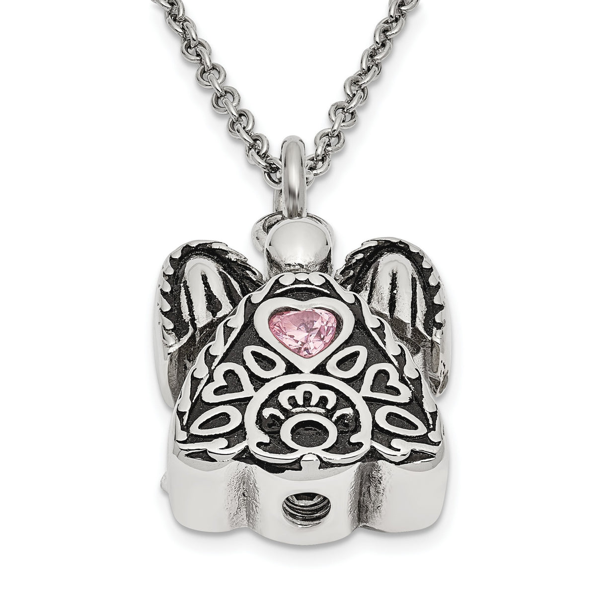 Pink CZ October Birthstone Angel Ash Holder 18 inch Necklace Charm Pendant in Real 316 Stainless Steel