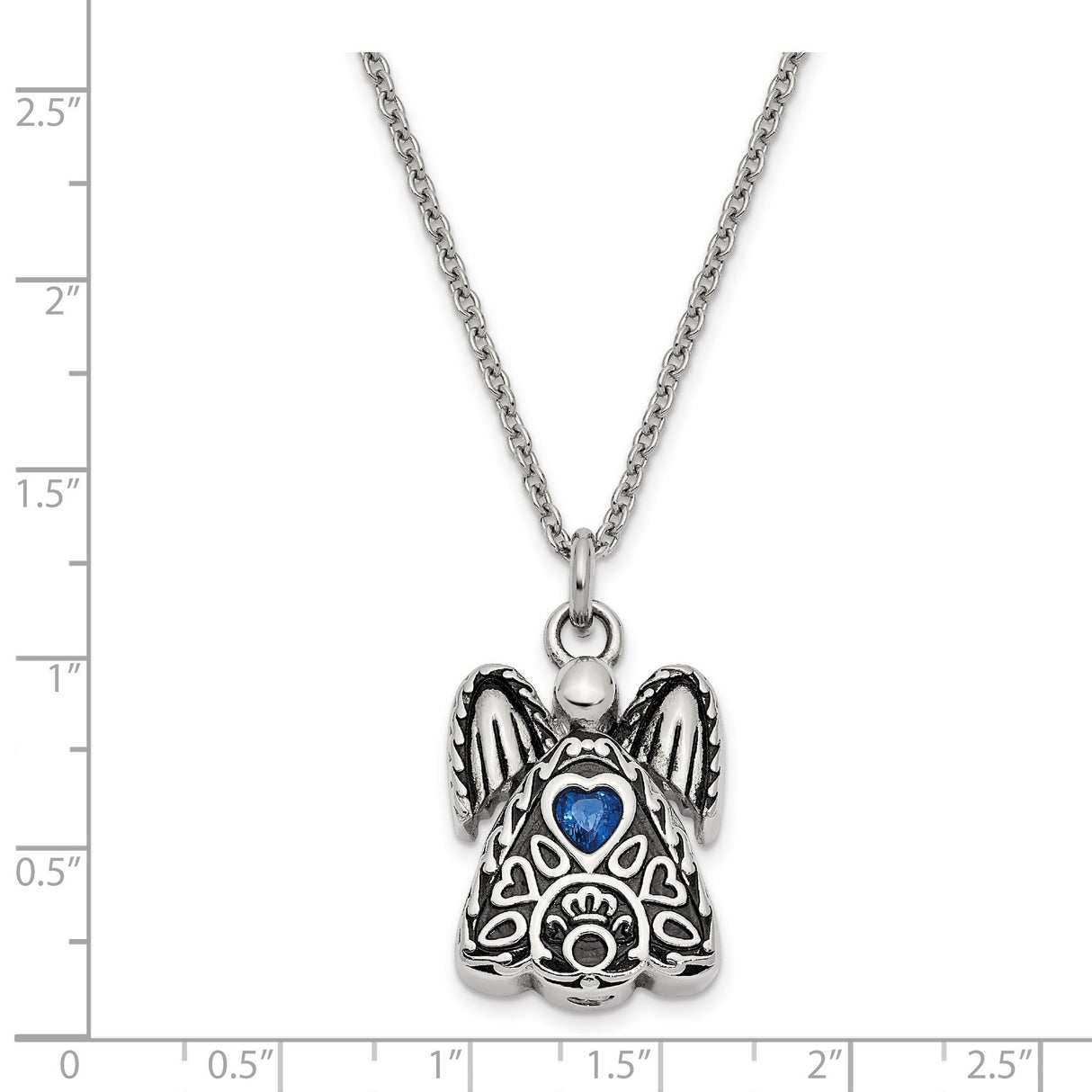 Blue CZ September Birthstone Angel Ash Holder 18 inch Necklace Charm Pendant in Real 316 Stainless Steel