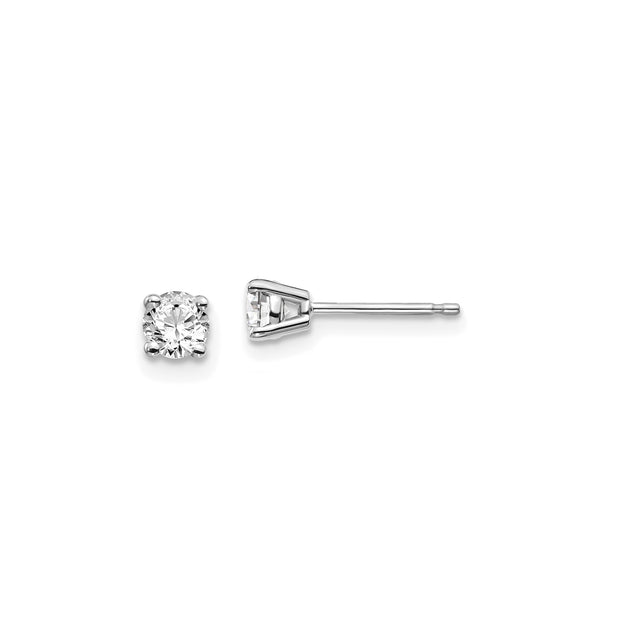 14k White Gold Diamond Stud Earrings, Round Cut Solitaire, Classic Four Prong Setting