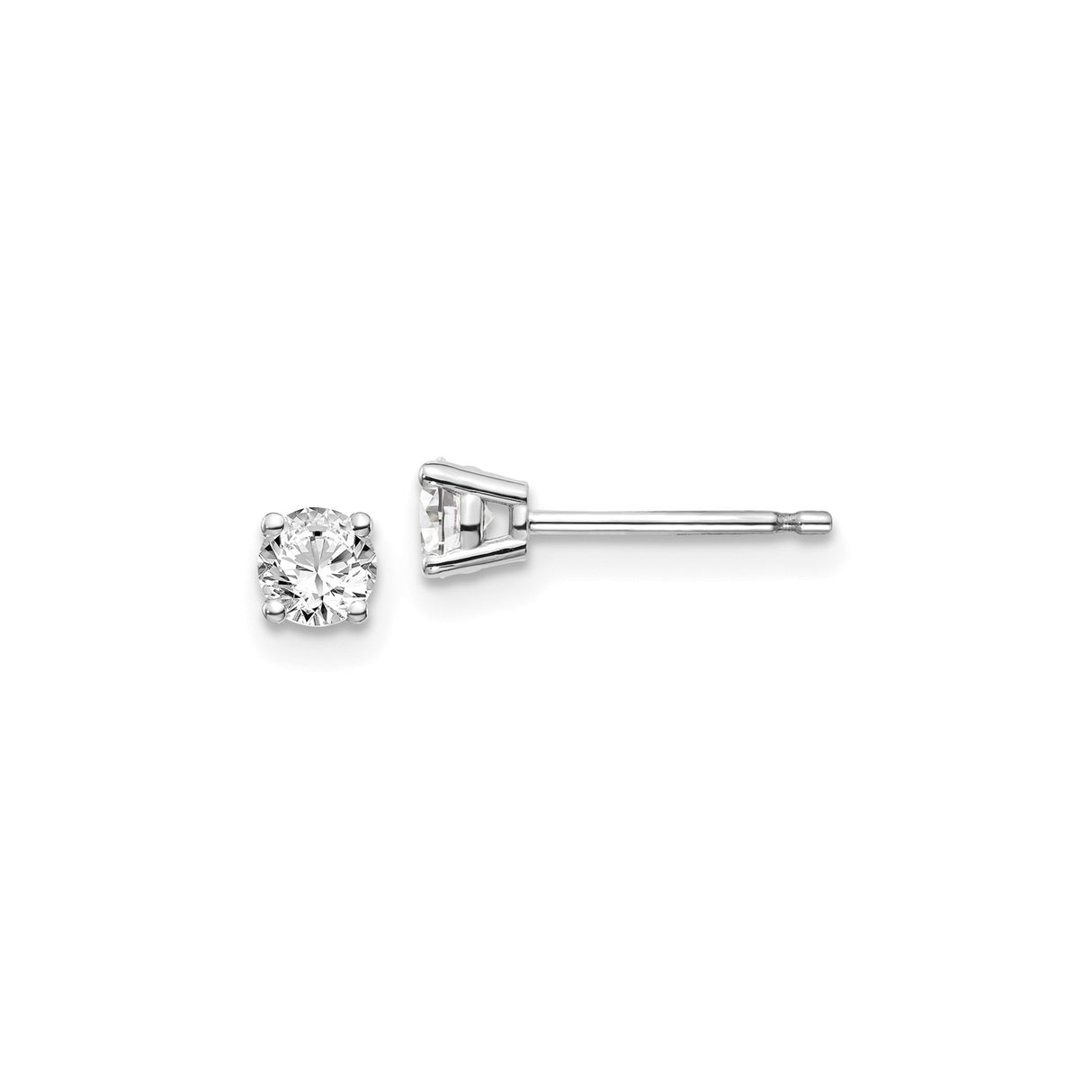 14k White Gold Stud Earrings with Round Cut Cubic Zirconia, Solitaire Four-Prong Setting